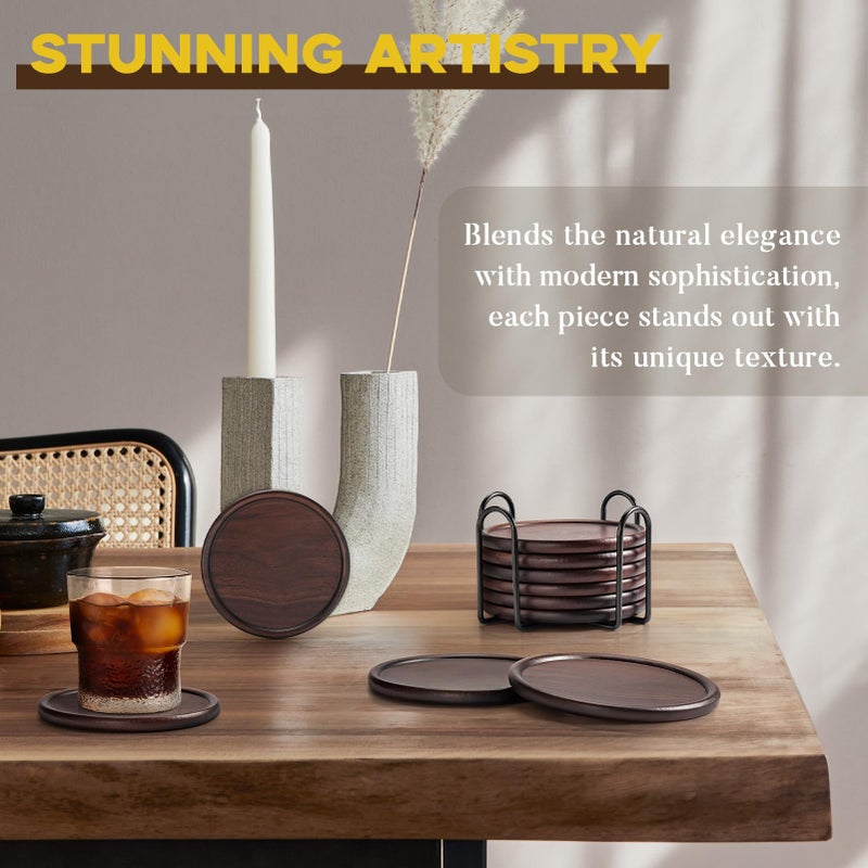 GOH DODD Wood Coasters with Metal Holder, GOH DODD Set of 6 Walnut Wooden Coaster Tabletop Protection for Drinks Coffee Table Home Kitchen Office Bar Living Room Decor Housewarming Gifts Wedding Party, 4 Inch - Image 3